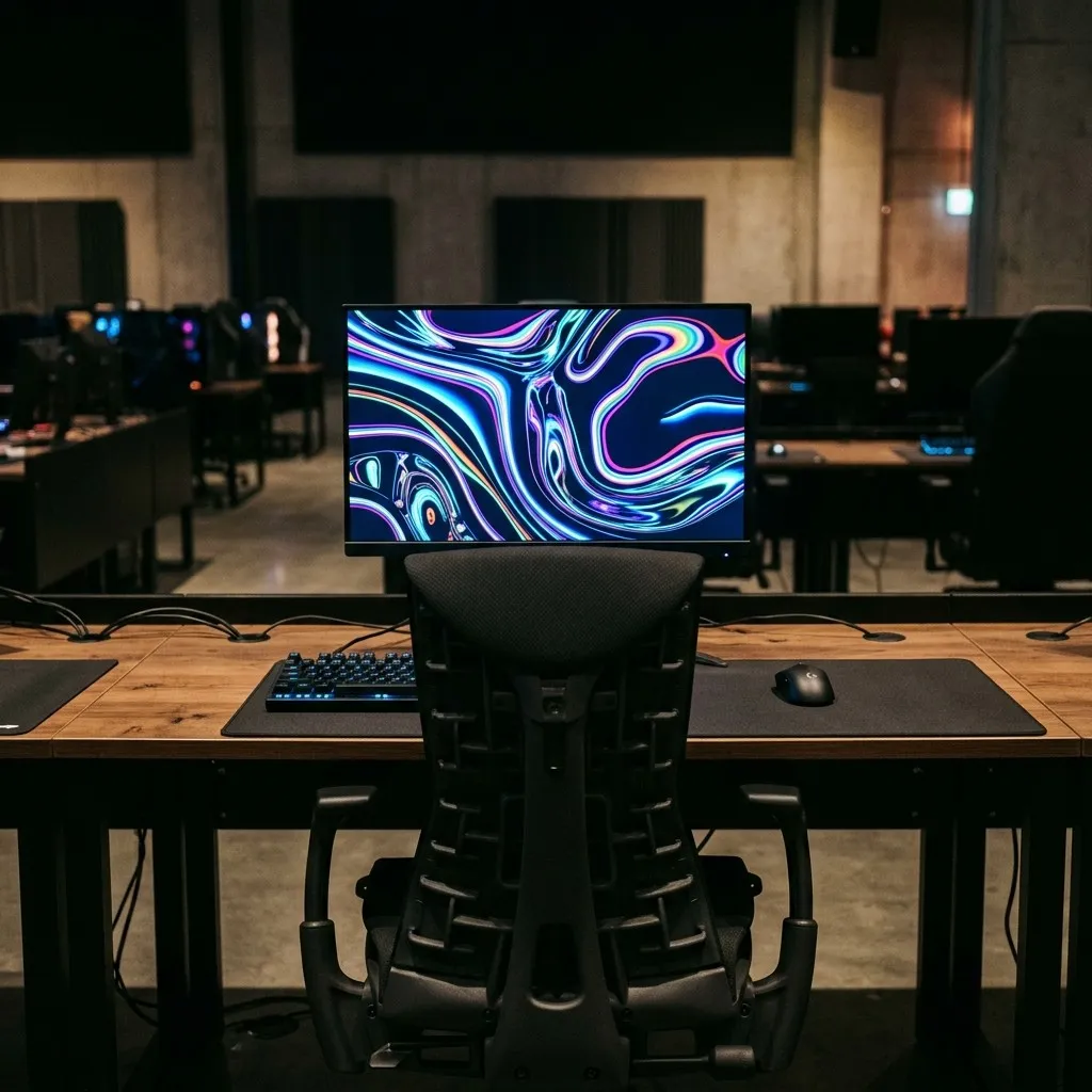 Close view of a single gaming station with keyboard, mouse and a wide monitor