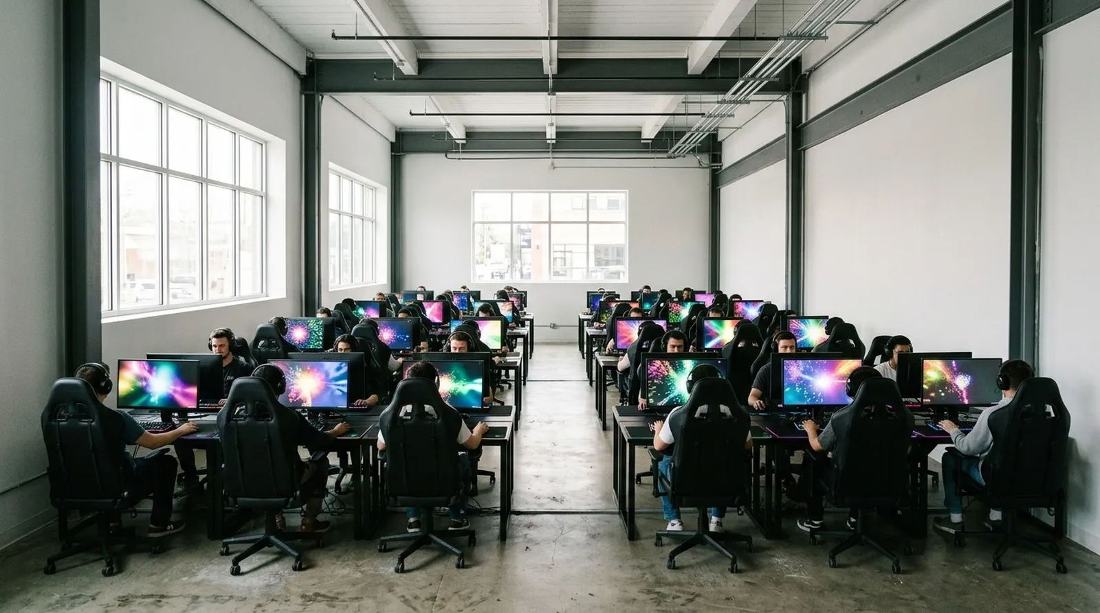 Wide view of the NODEFORGE PC CLUB hall with rows of gaming stations under even light
